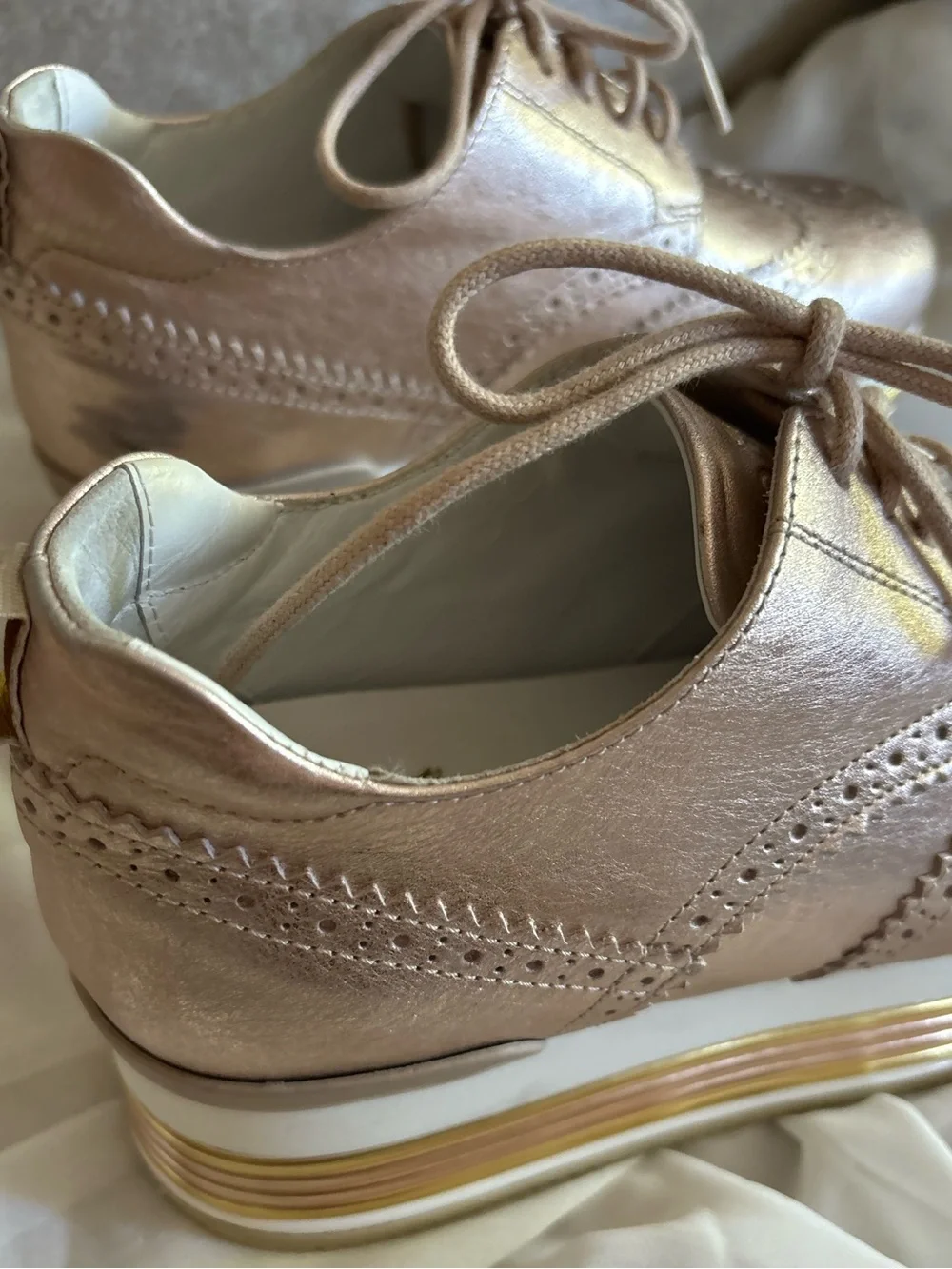 Hogan Rose Gold Italian Leather Euro Platform Wingtip Oxford Lace Up Sneakers 4